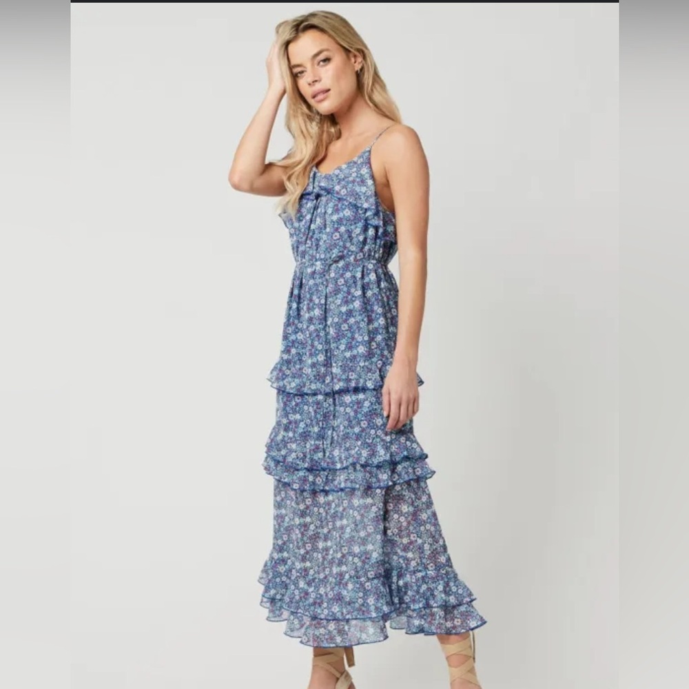 NWT Free People Ruffle Tiered Maxi Dress M Floral Blue RARE